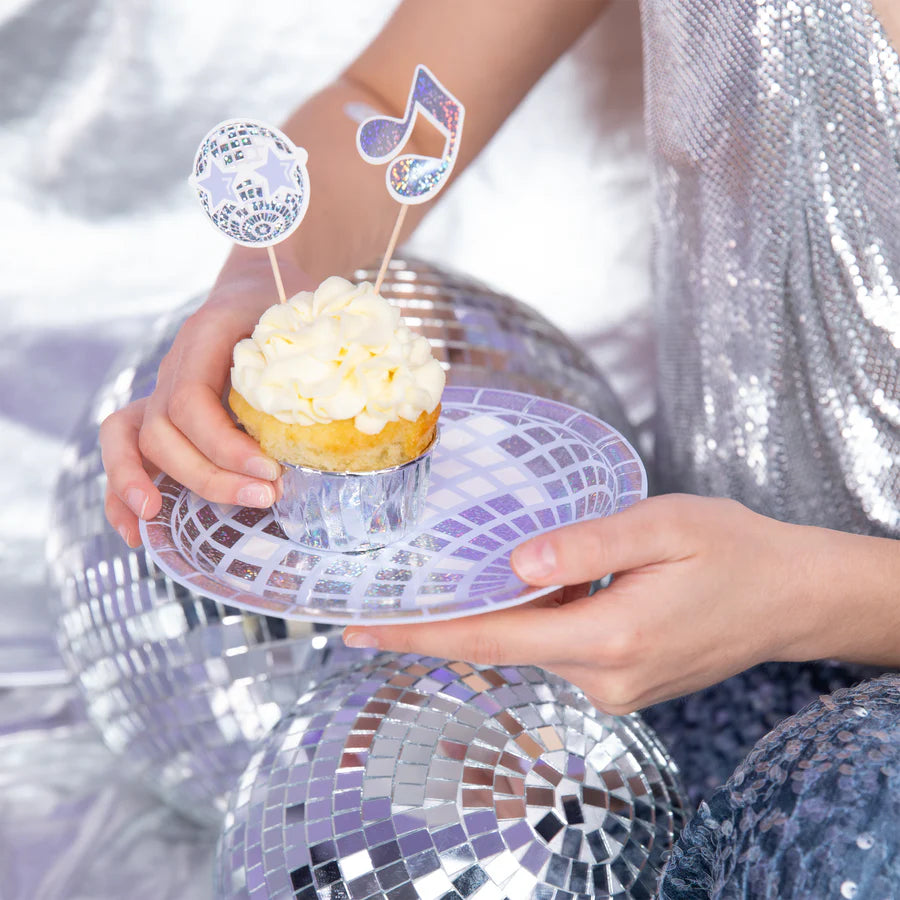 Toppers de papel para cupcakes, discoteca prateada, 9-11 cm, 8 unidades.