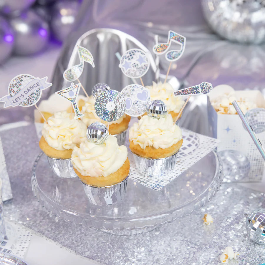Toppers de papel para cupcakes, discoteca prateada, 9-11 cm, 8 unidades.