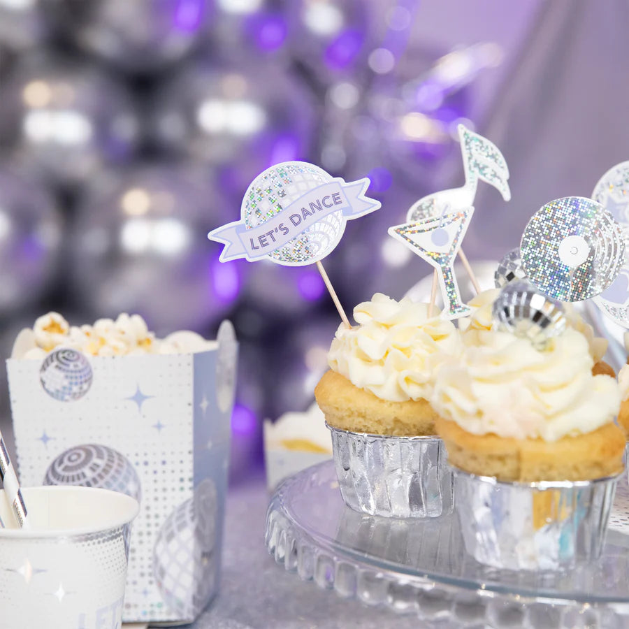 Toppers de papel para cupcakes, discoteca prateada, 9-11 cm, 8 unidades.