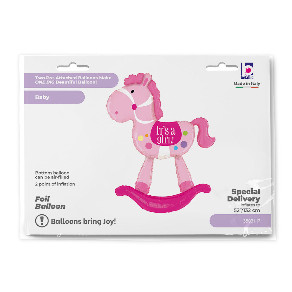 Globo de aluminio con forma de caballo balancín rosa, es una niña, 52" / 132 cm