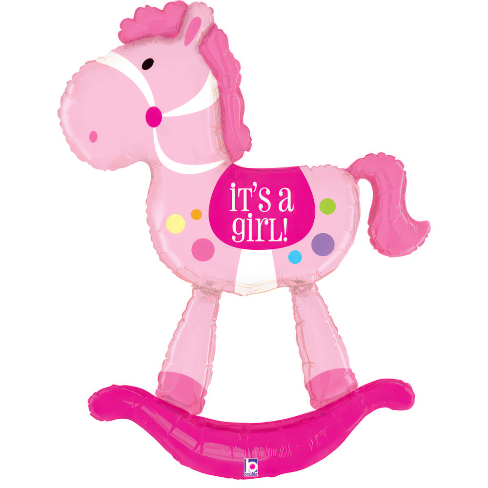 Globo de aluminio con forma de caballo balancín rosa, es una niña, 52" / 132 cm