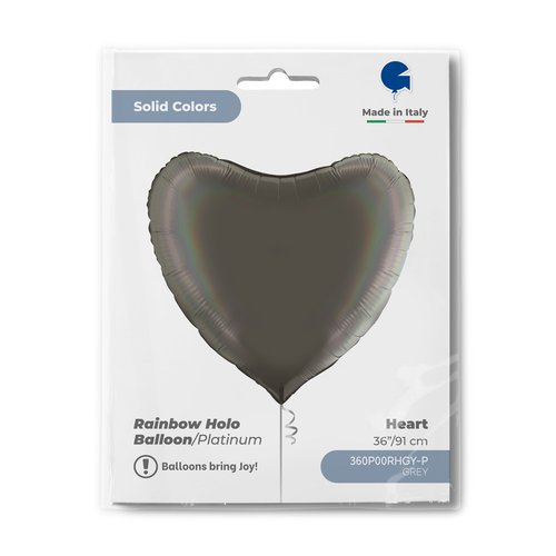 Foil Balloon Heart, Satin Rainbow Holographic Platinum Grey, 36" / 91 cm Grabo
