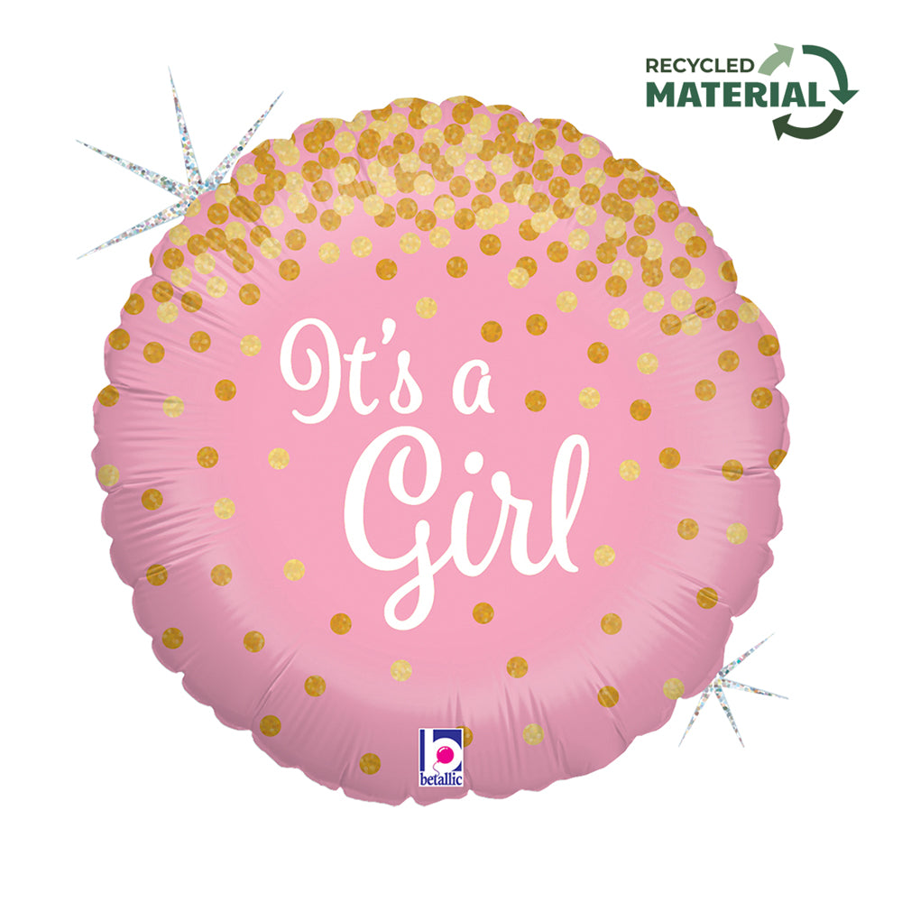 It’s a Girl 18-inch pink foil balloon with metallic finish and self-sealing valve