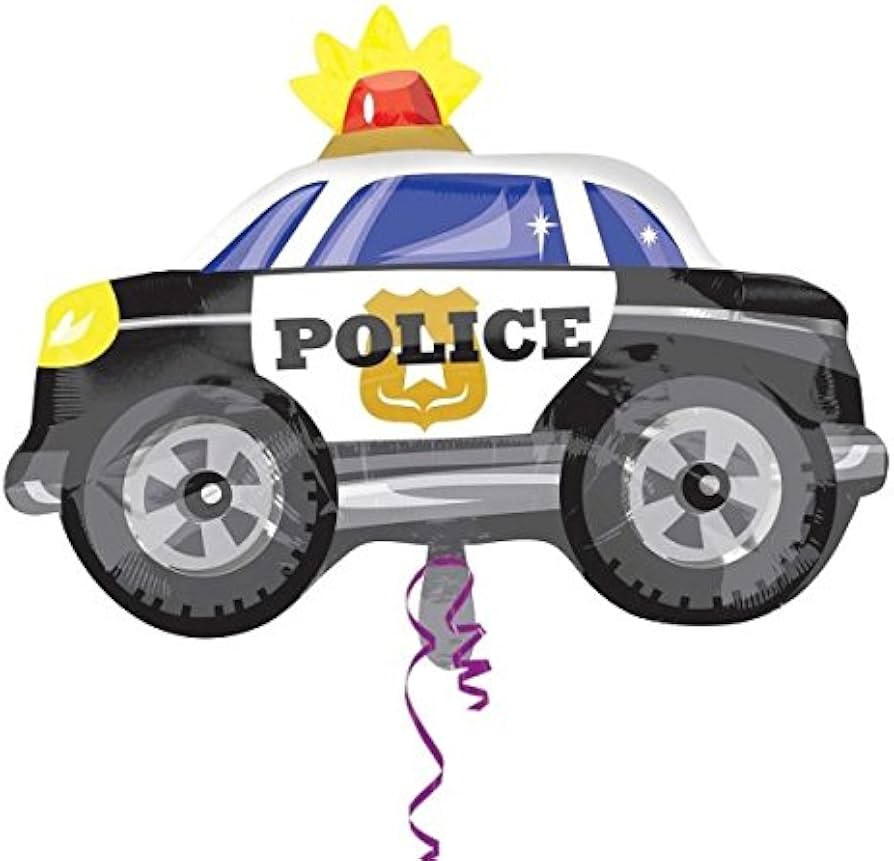 Foil Balloon Police Car, 60 cm, perfect for parties, inflates with air or helium, colorful design with police badge and lights.