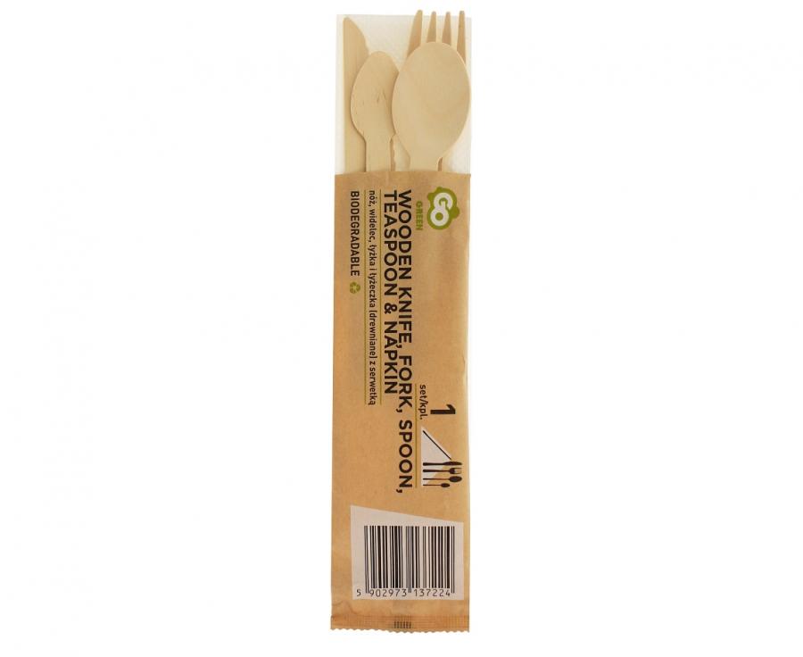 Wooden cutlery set 16cm – knife spoon fork teaspoon and napkin wrapped set