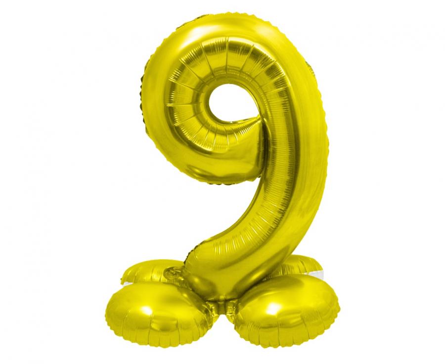 Gold foil balloon shaped as number 9, 72 cm tall, standing party decoration