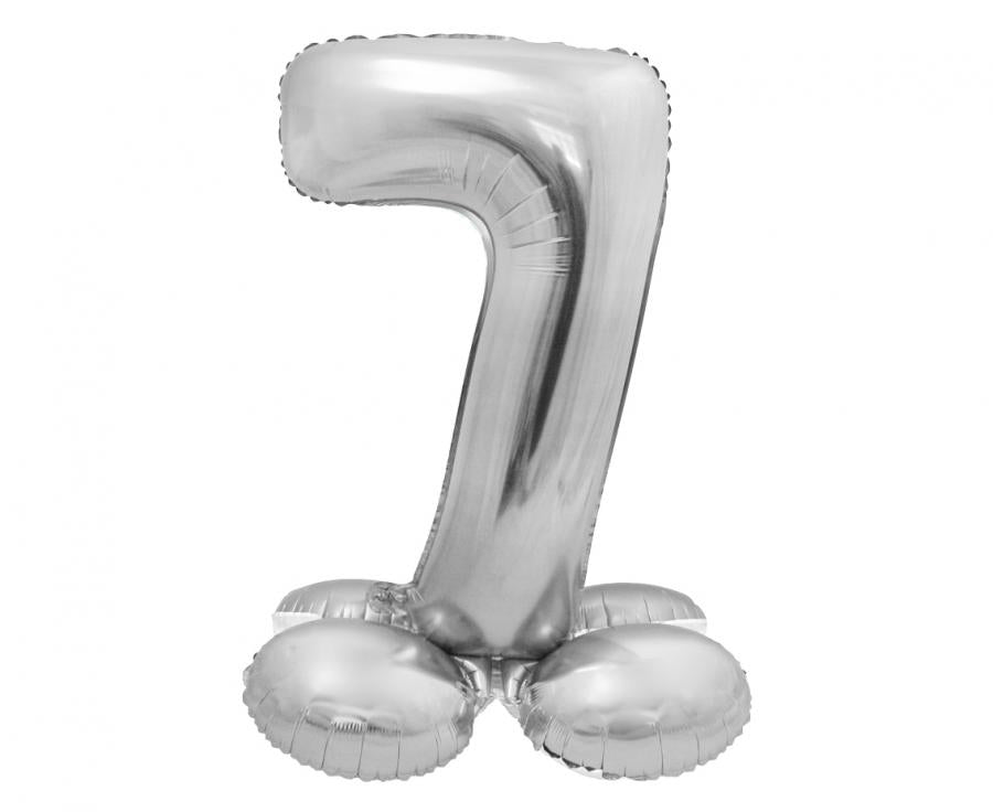 Foil balloon standing number 7, 72 cm in silver color, perfect for birthday celebrations, includes paper straw.