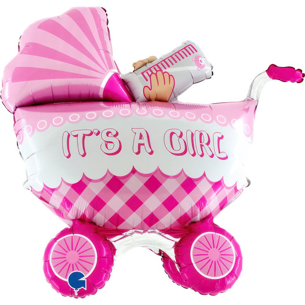 Foil Balloon "It's A Girl Buggy" 3D, pink, 33" / 81x78x32 cm