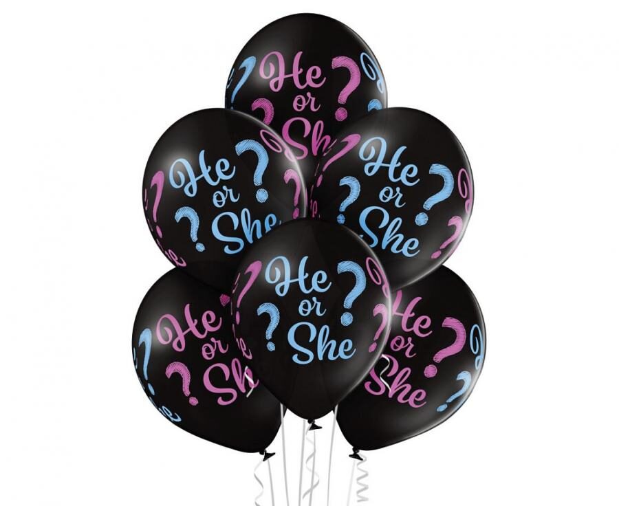 Globos de látex ¿Él o Ella?, negro, 12"/ 30 cm, 6 uds.