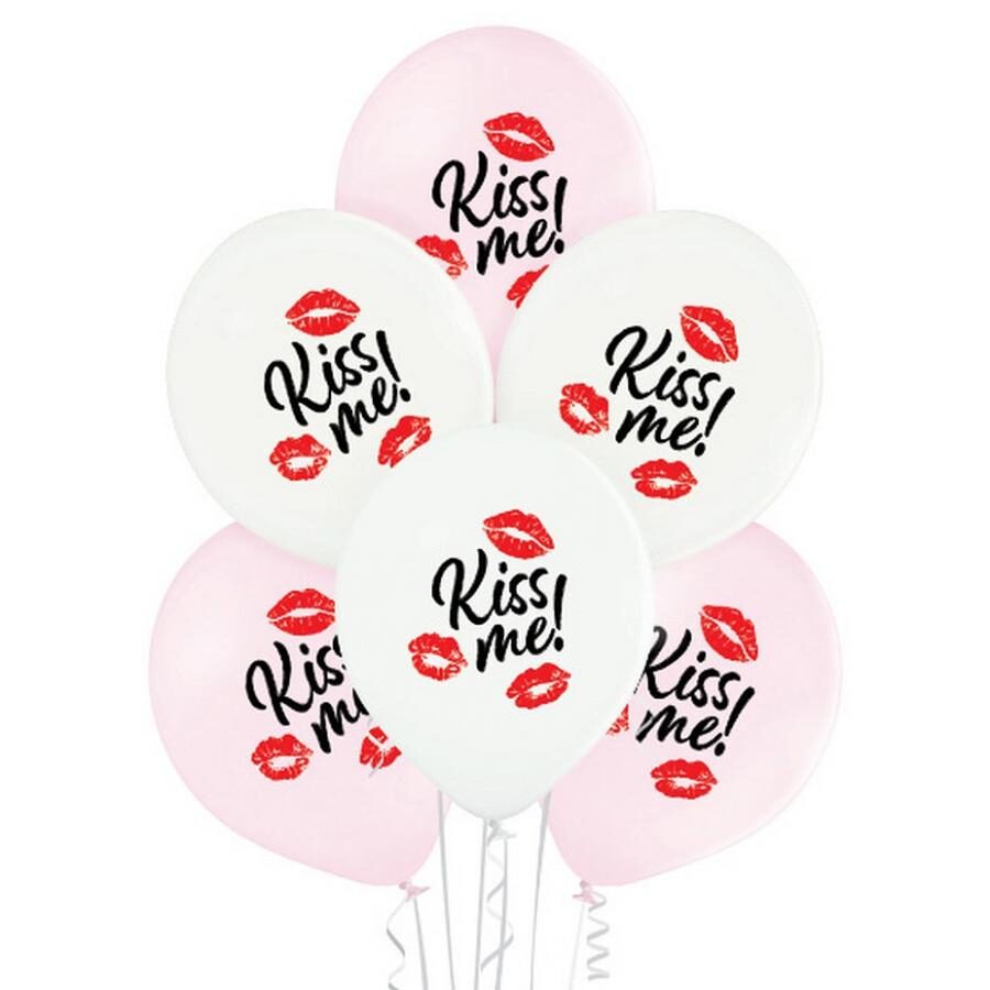 Latex balloons Kiss Me, pink and white, 12"/ 30 cm, 6 pcs. Belbal