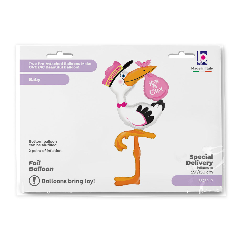 Foil Balloon Stork, It`s a Girl, Pink, 59" / 173 cm Grabo