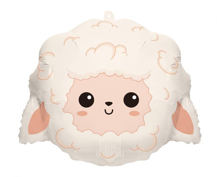 Cute foil balloon shaped like a sheep, measuring 43x36 cm. Inflate with air or helium for festive decorations.