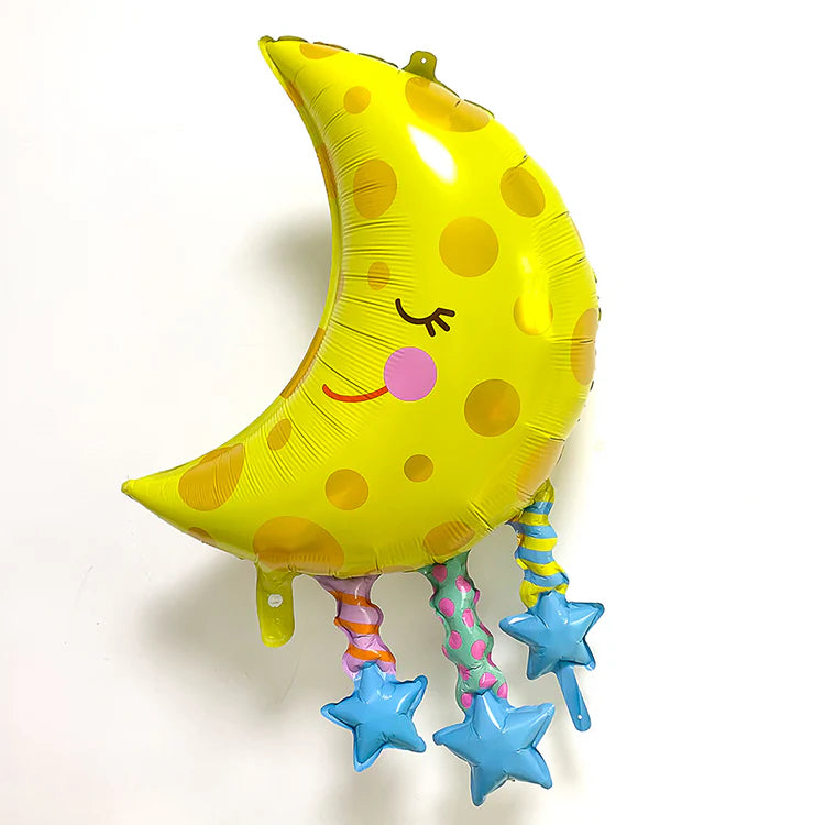 Yellow foil balloon shaped like a smiling moon with stars, perfect for parties and celebrations, 38 inches.