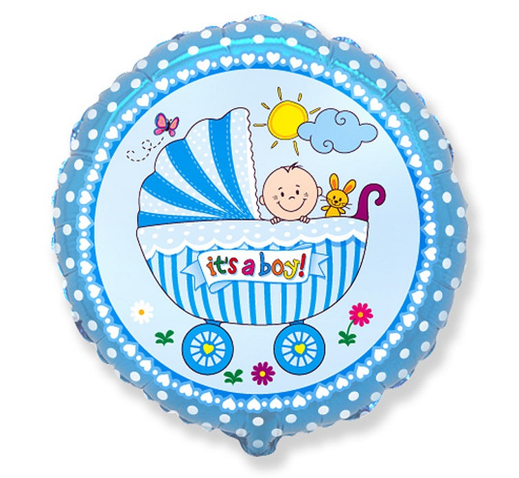 Blue foil baby trolley balloon 18 inch “It’s a Boy” with self‑sealing valve