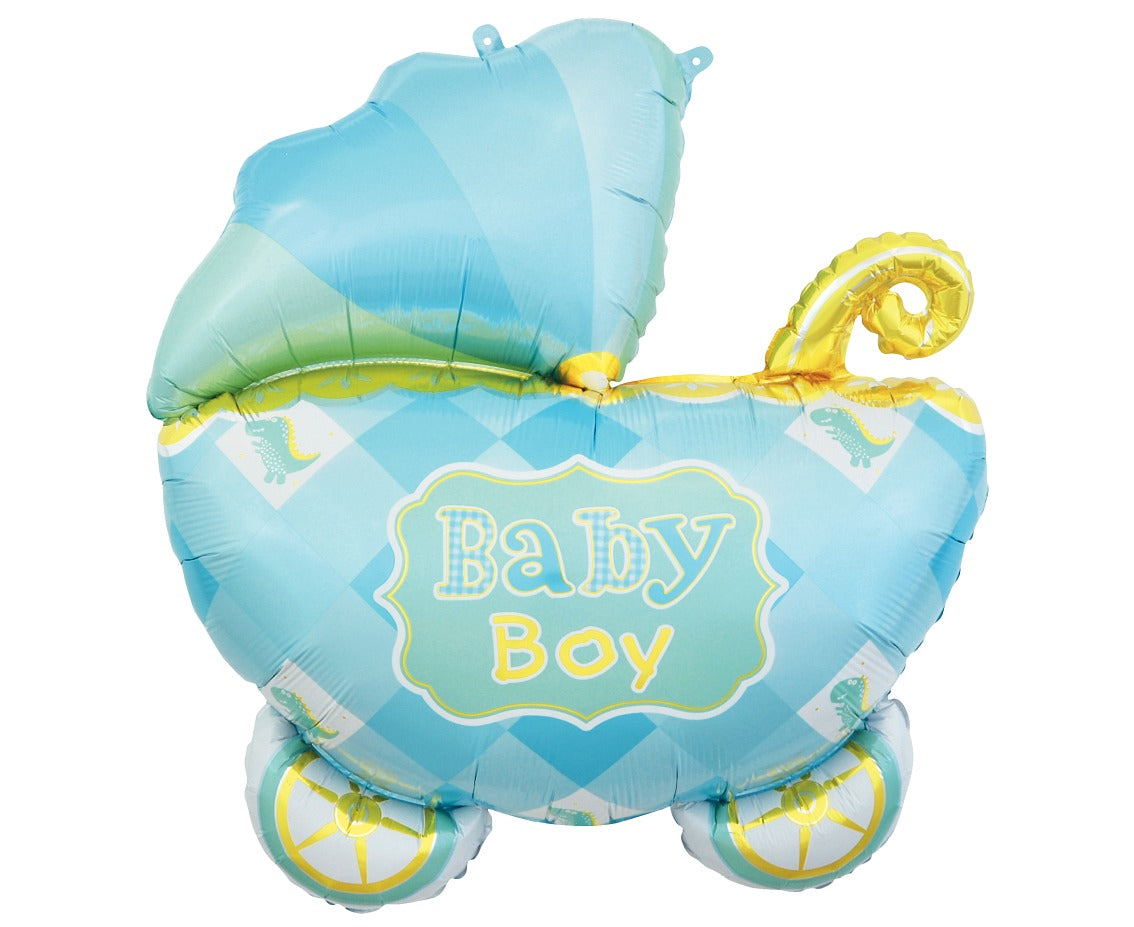 Blue 24 inch foil balloon shaped like a baby carriage