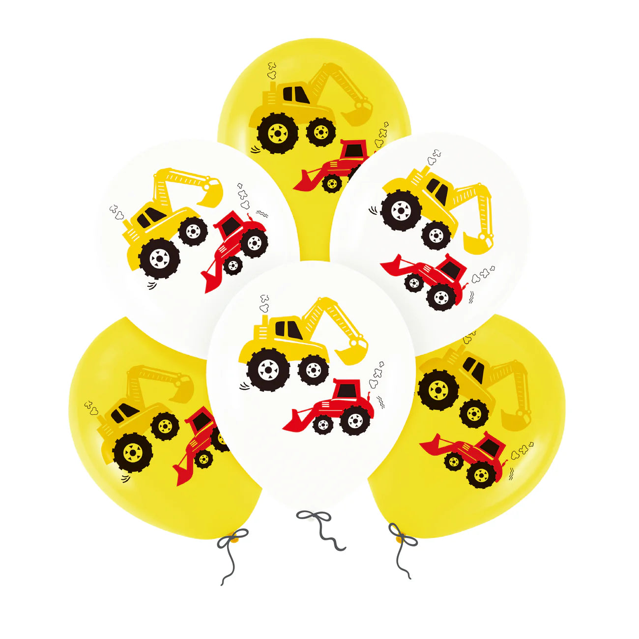 Latex balloons Excavator and Bulldozer/ Construction, white and yellow, 12"/ 30 cm, 6 pcs. PartyPal