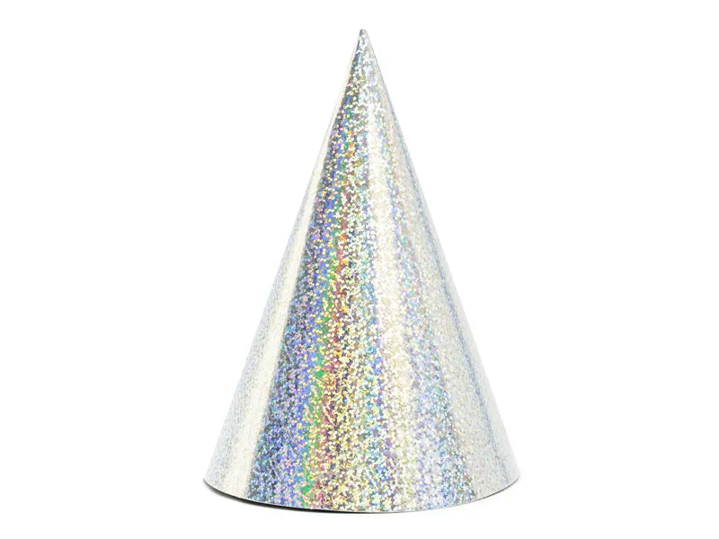 Holographic party hats, silver, 16cm, 6 pcs Partydeco