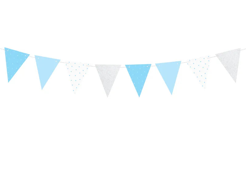 Paper flag garland, light blue/ silver, 130 cm Partydeco