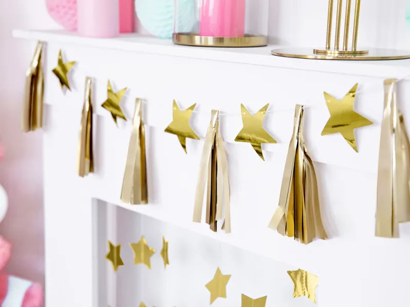 Paper garland Stars and Tassels, gold, 1.3 m Partydeco
