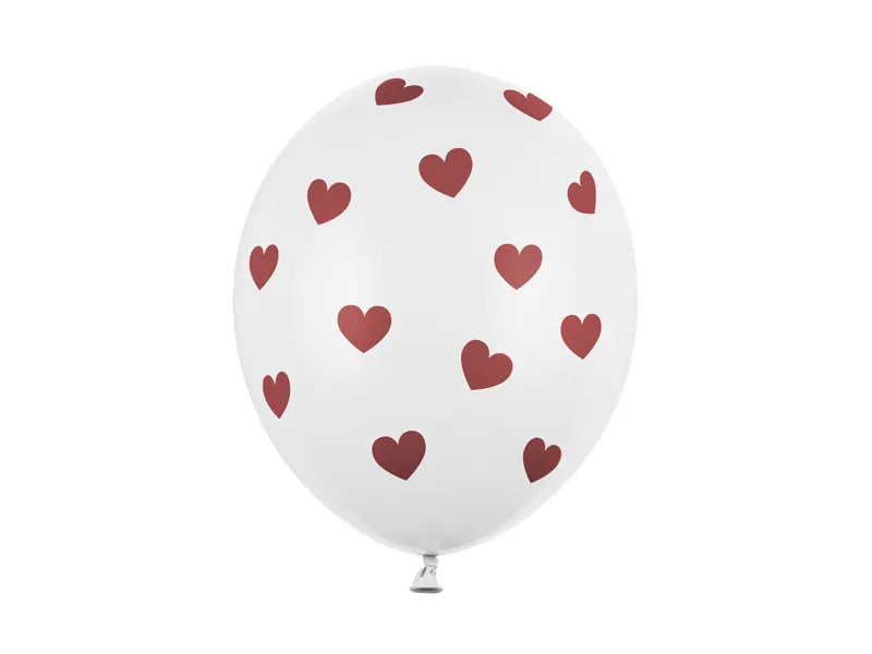 White heart latex balloon with red hearts, 12‑inch inflated