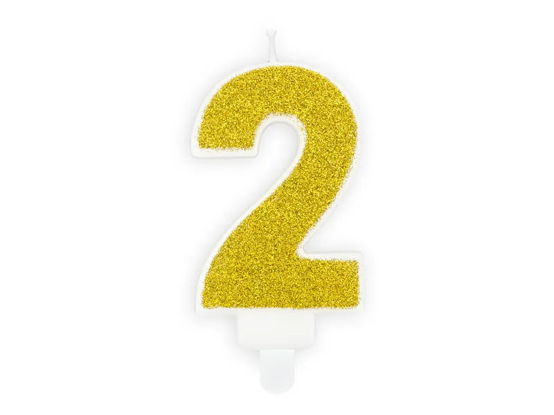 Candle Number 2, gold glitter, 7 cm Partydeco