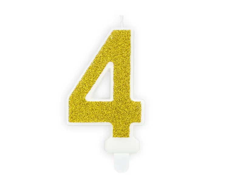 Candle Number 4, gold glitter, 7 cm Partydeco