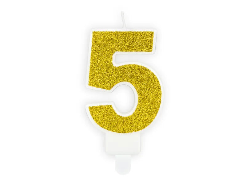Candle Number 5, gold glitter, 7 cm Partydeco