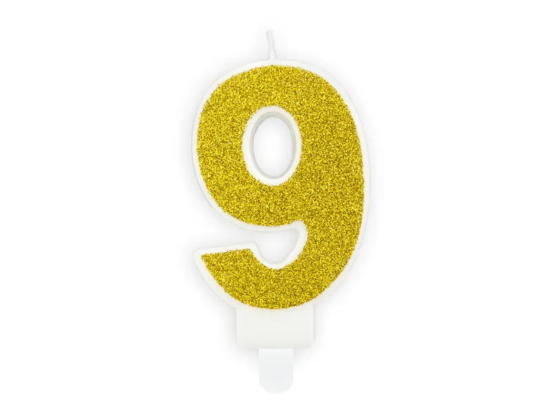 Candle Number 9, gold glitter, 7 cm Partydeco