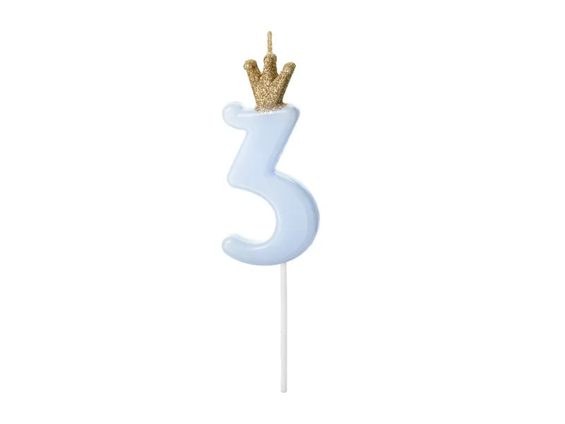 Candle Number 3, light blue, 9.5cm Partydeco