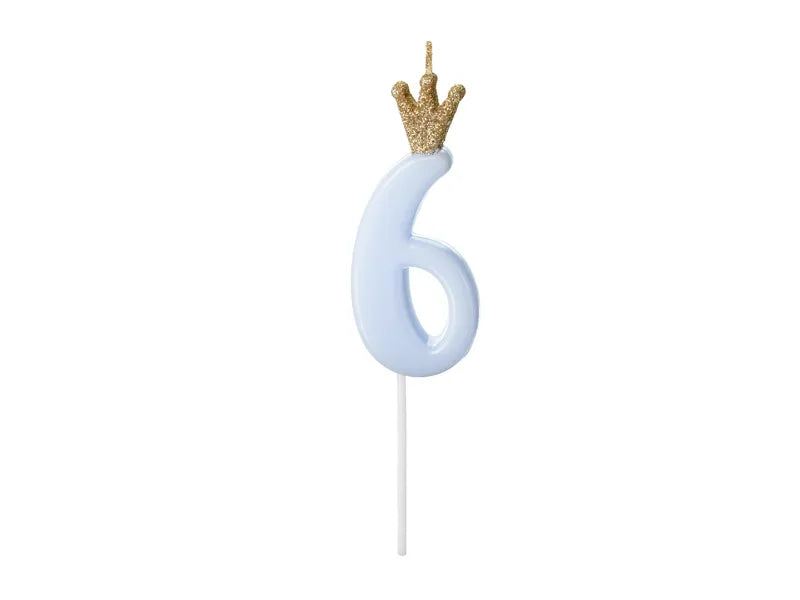 Candle Number 6, light blue, 9.5cm Partydeco