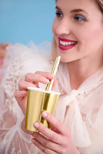 Paper Straws, gold daisies, 19.5 cm, 10 pcs Partydeco