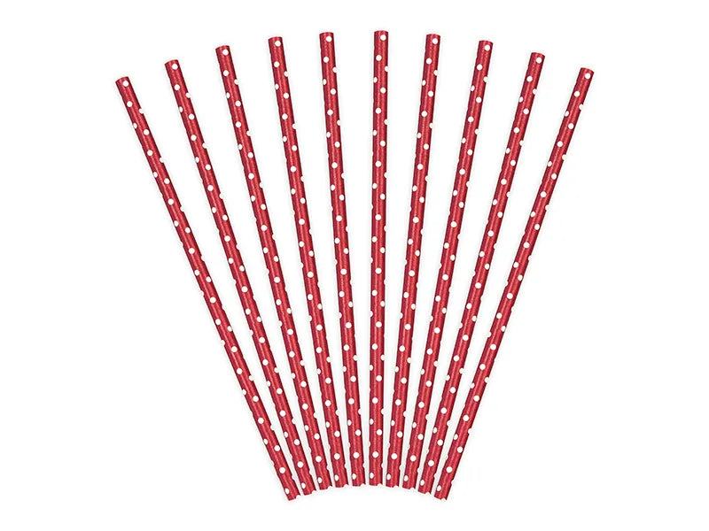 Paper Straws, red with white dots, 19.5cm, 10 pcs Partydeco