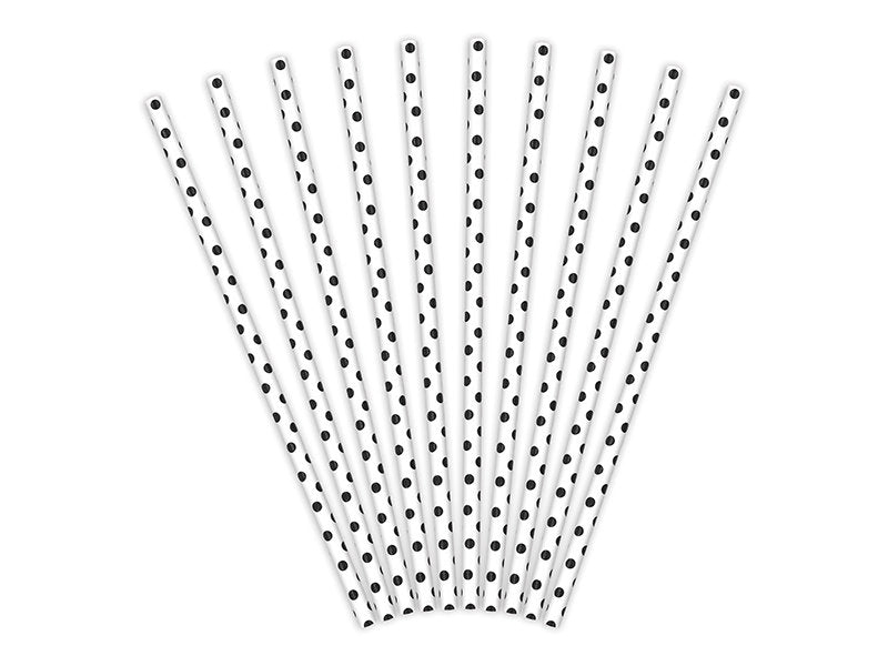 Paper Straws, white with black dots, 19.5cm, 10 pcs Partydeco