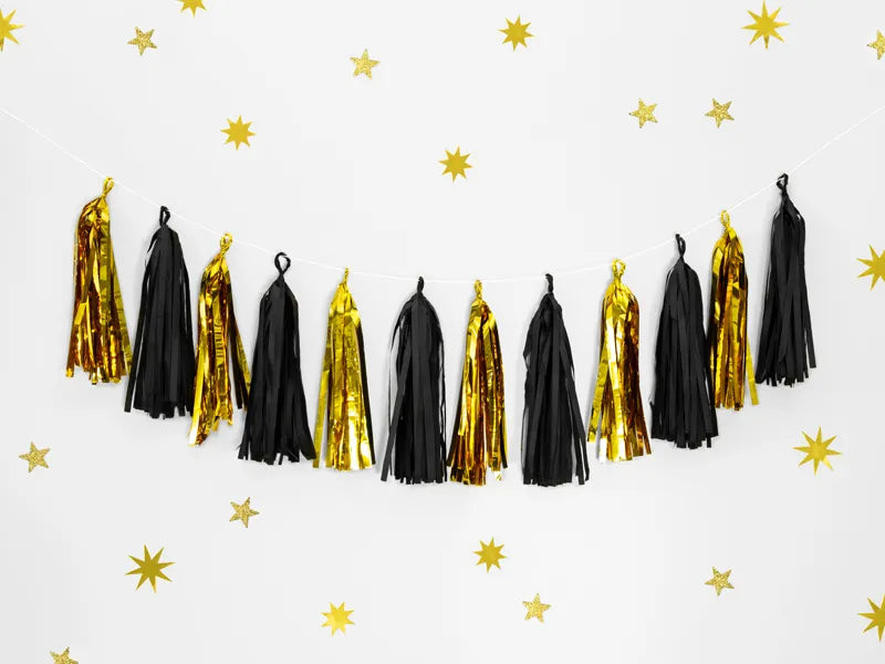 Paper/ foil tassel garland, black and gold, (12 tassels) Partydeco