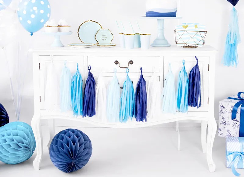 Paper tassel garland, blue, (12 tassels) Partydeco