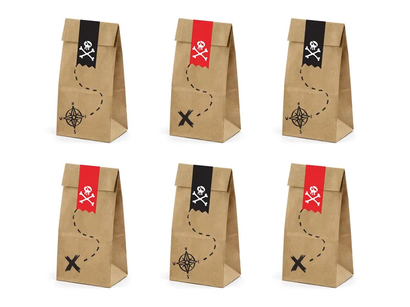 Bolsas de papel para caramelos, piratas, kraft, 8x18x6cm, 6 uds.