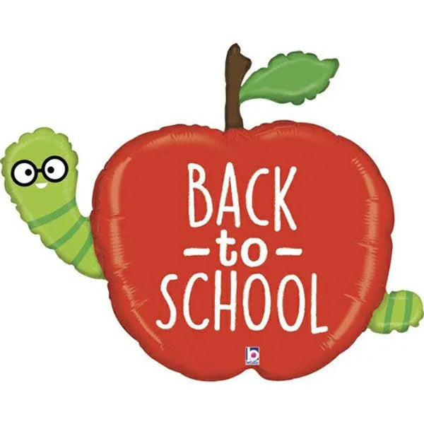 Foil balloon shaped like an apple featuring a cartoon worm, promoting back to school season, size 102 cm.