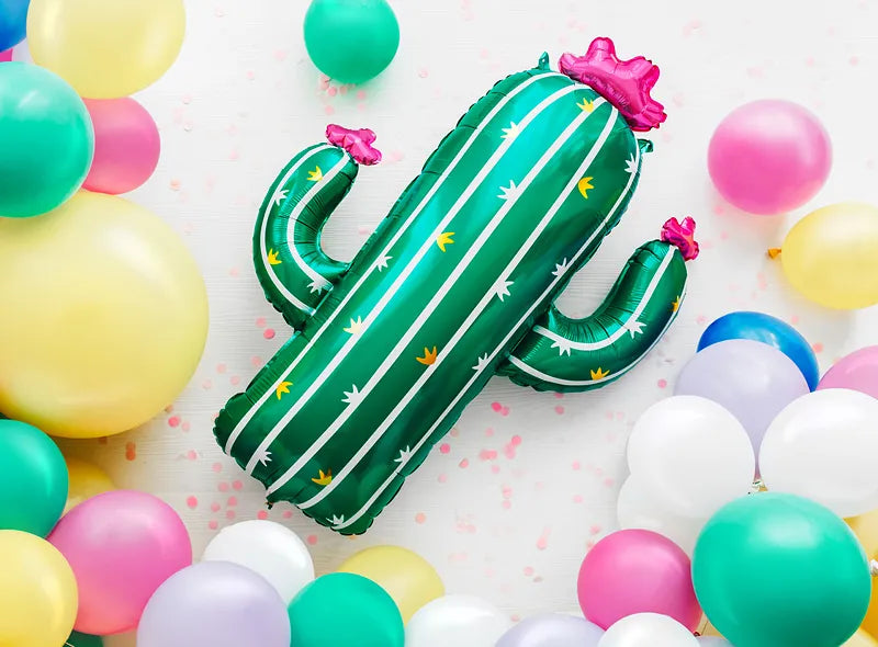 Colorful foil cactus balloon, 62x84 cm, perfect for parties. Inflate with air or helium, not included.