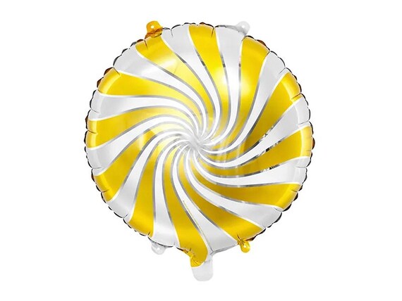 Foil balloon candy, 35 cm, spiral design in white and yellow, ideal for parties. Inflate with air or helium.