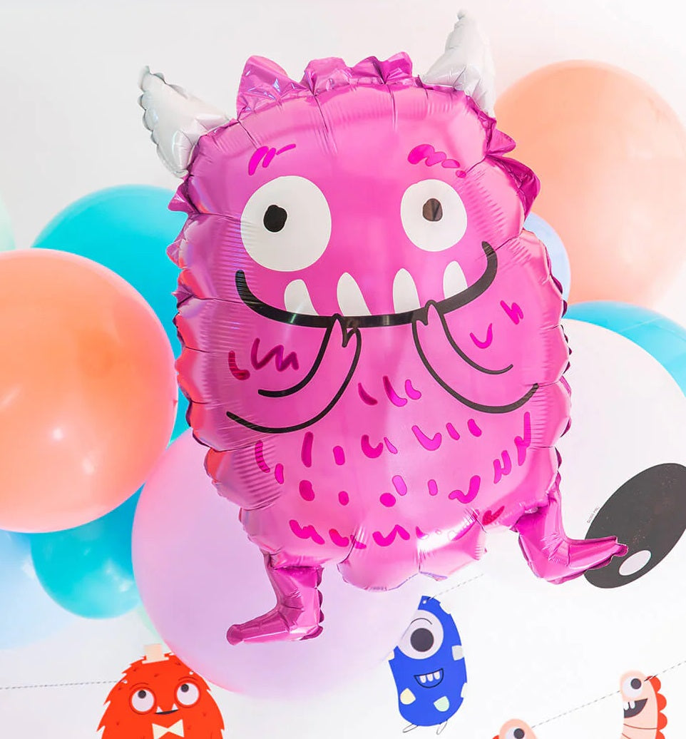 Foil balloon monster in pink, 48 cm, perfect for parties; inflates with air or helium, not included.