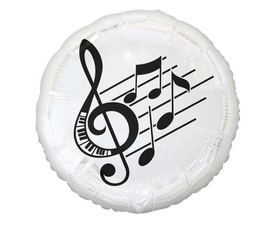 Foil balloon featuring musical notes, 45 cm size, perfect for parties or celebrations, can be inflated with air or helium.