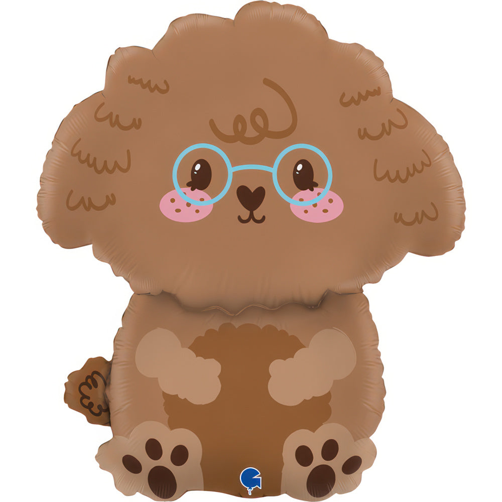 Foil Balloon Dog Poodle, 53 cm, cute design with glasses, ideal for parties and celebrations, inflate with helium or air.