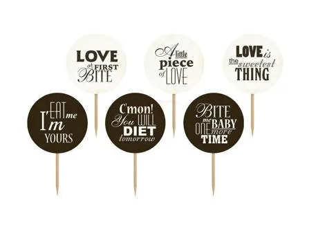 Cupcake toppers Sweet Love, black and white, 6 pcs Partydeco
