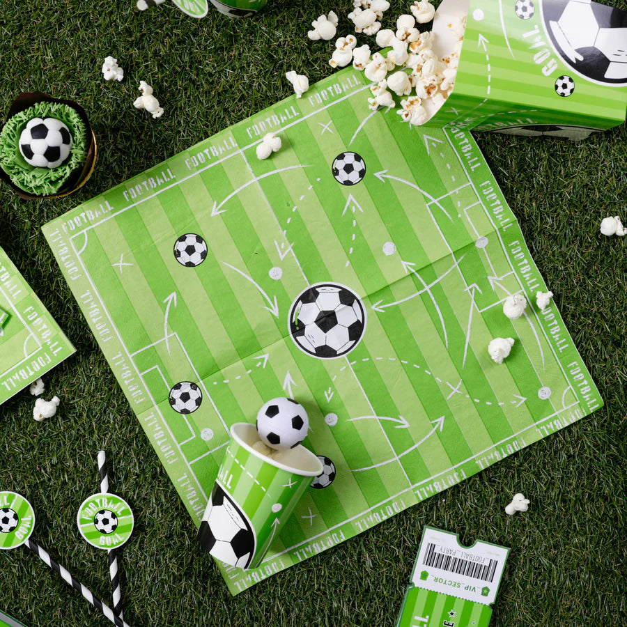 Popcorn paper box football theme, 8.5 x 12.5 cm, 6 pcs on a green field table with popcorn and football snacks.