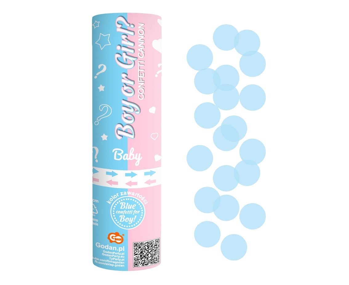 Confetti Cannon Boy or Girl, light blue paper circles, 15 cm Godan