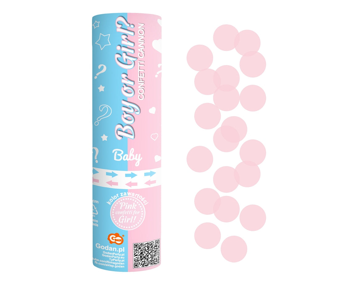 Canhão de confete menino ou menina, círculos de papel rosa claro, 15 cm