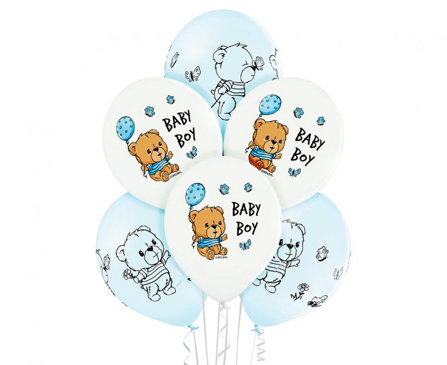Latex balloons for baby boy featuring bear designs, 12"/30 cm, pack of 6, perfect for celebrations.