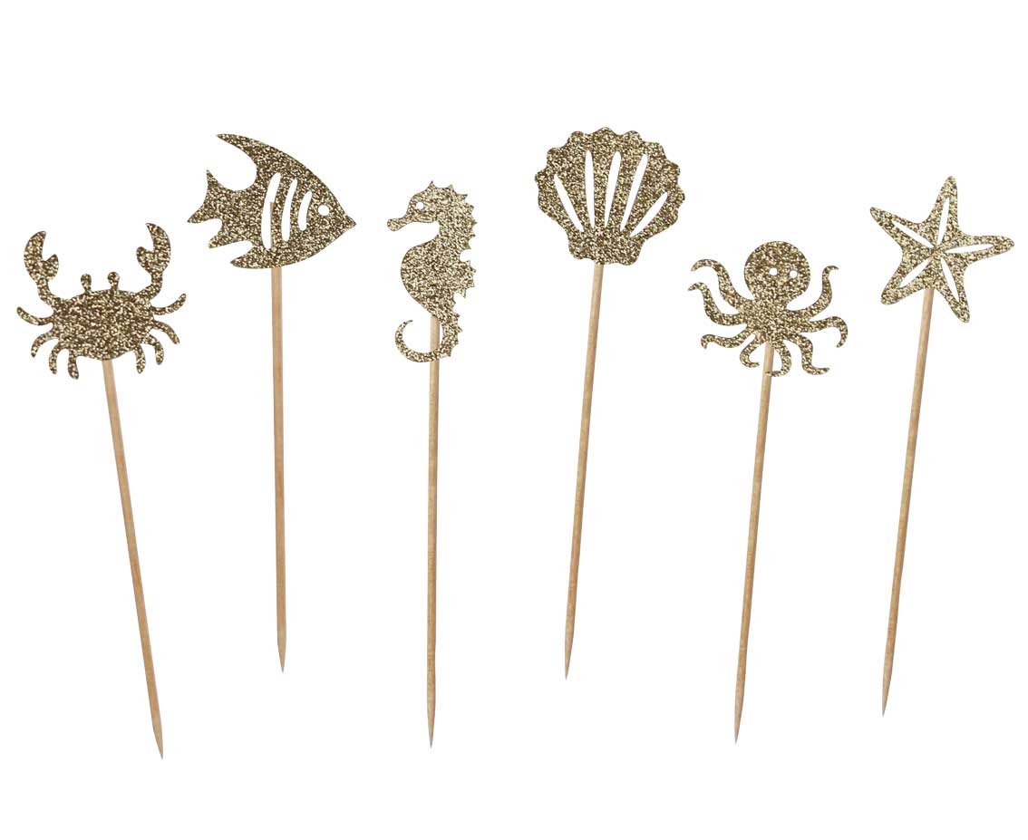Cupcake toppers Underwater World, paper, gold glitter, 10 cm, 6 pcs Godan