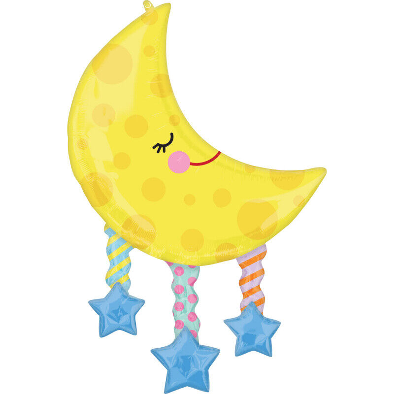 Cheerful yellow foil moon balloon with stars, 38" / 96 cm, ideal for parties or celebrations. Inflate with helium or air.