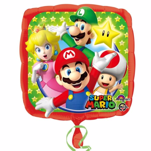 17 inch square Super Mario foil balloon featuring Mario, Luigi and Peach